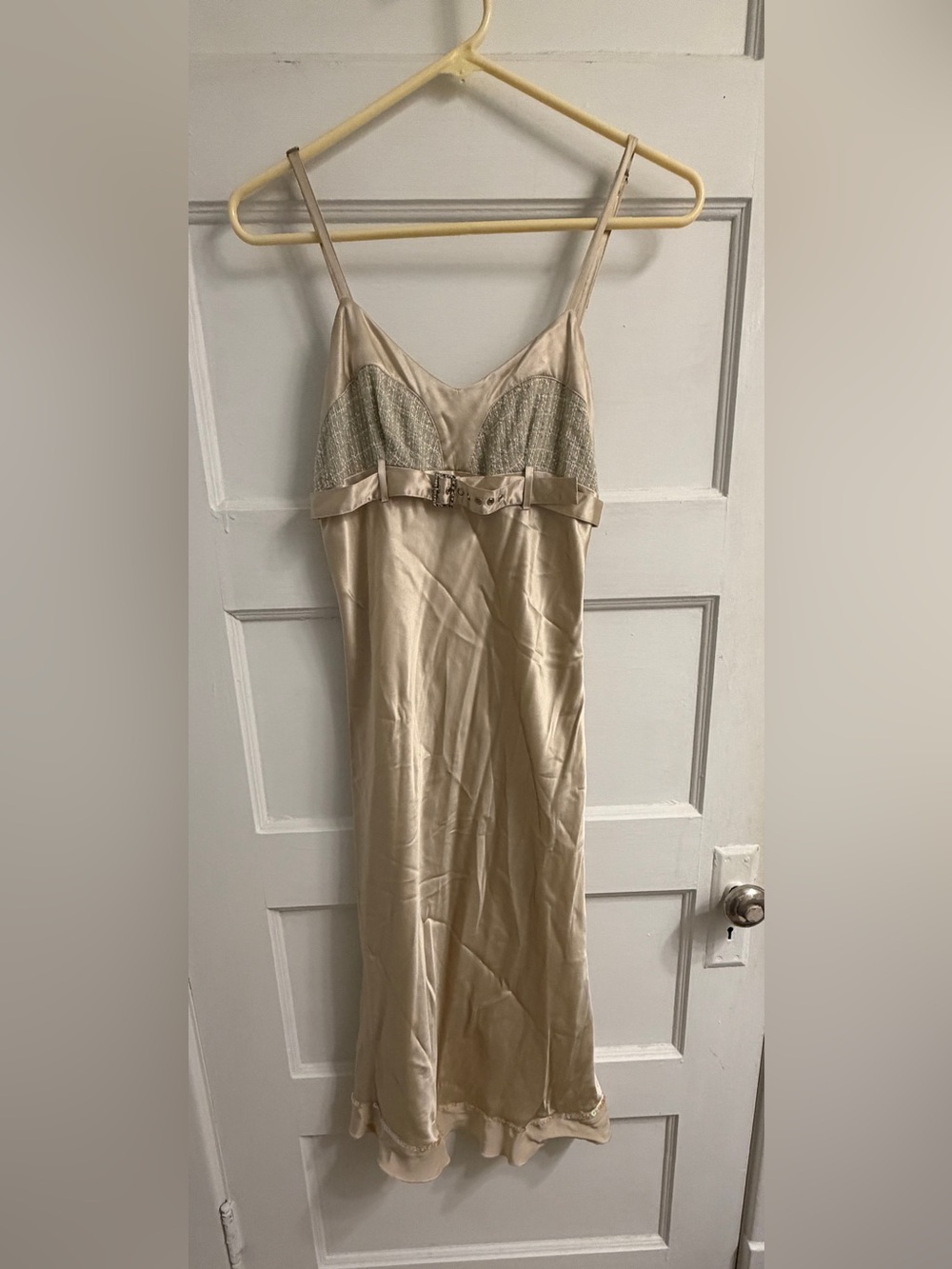 Vintage Kenzie Champagne 100% silk Maxi Dress with Tweed Bust